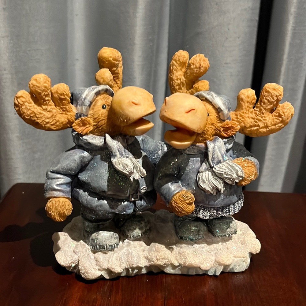 Anthropomorphic MOOSE figurine 2 Moose in sweater coat scarf stocking caps boots